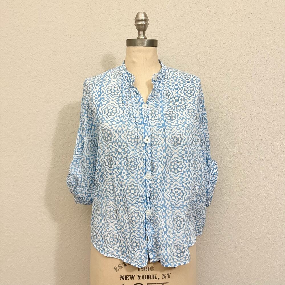 EMERSON FRY India Collection Mandarin Collar Top Geo Flower Blue Sheer